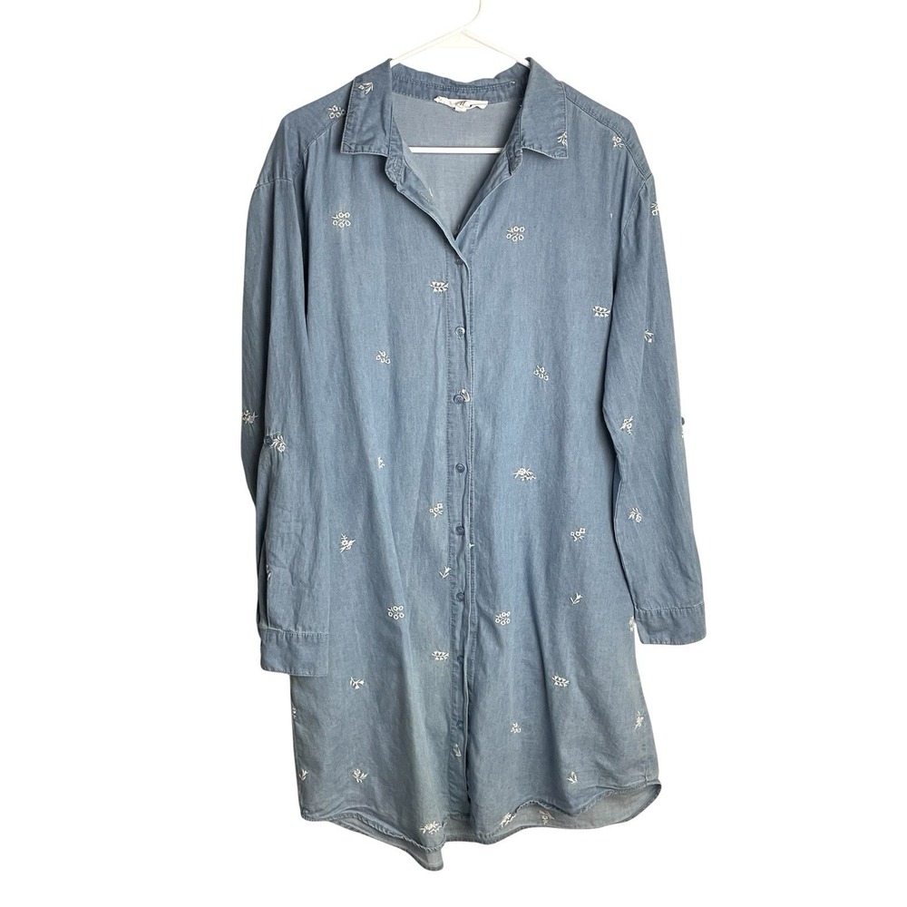 Jane & Delancey Womens Embroidered Shirtdress Size L Blue Cotton Roll Tab Sleeve